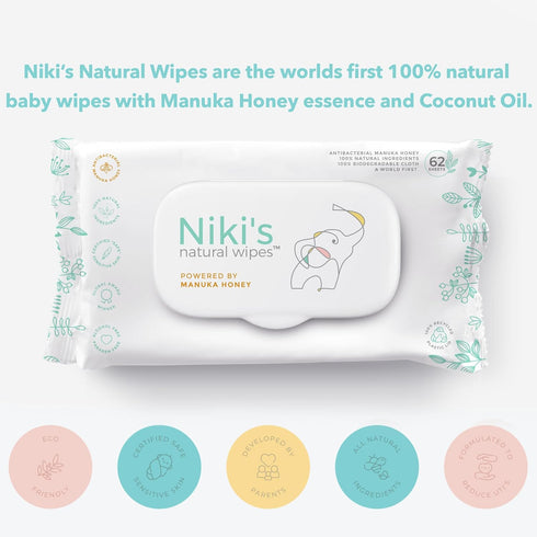 248 (4 Pack 62 Count Niki's Natural Baby Wipes | Sensitive Organic Baby Wipes | Made with Manuka Honey and Coconut Oil