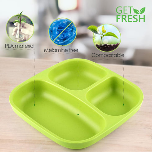 GET FRESH PLA Kids Divided Plates Set, 2-Pack, Melamine-Free Sectioned Plates for Kids and Toddlers