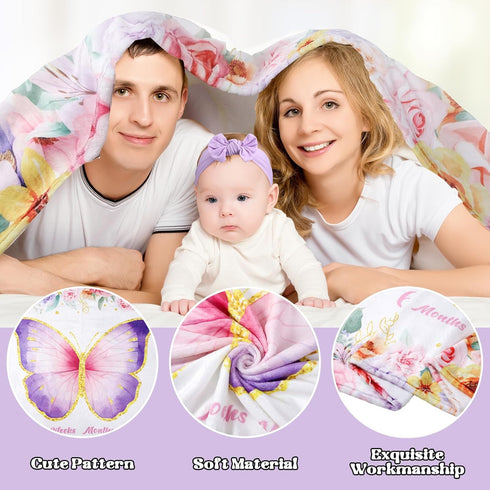 Butterfly Baby Milestone Blanket Set for Girls, Floral Monthly Growth Blanket with Wooden Signs and Bow Headband