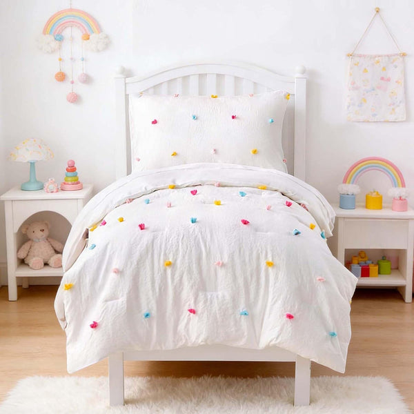 4 Piece White Boho Toddler Bedding Sets for Girls Colorful Pom Pom