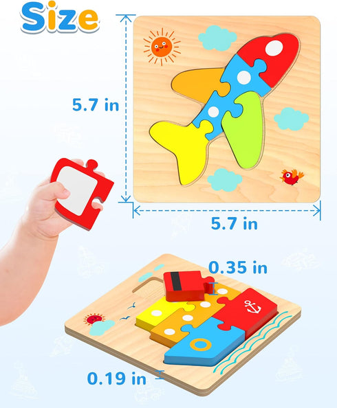 Wooden Vehicle Toddler Puzzles for 1 2 3 Years Old - Baby STEM Educational Toy Gift with 4 Vehicles Montessori