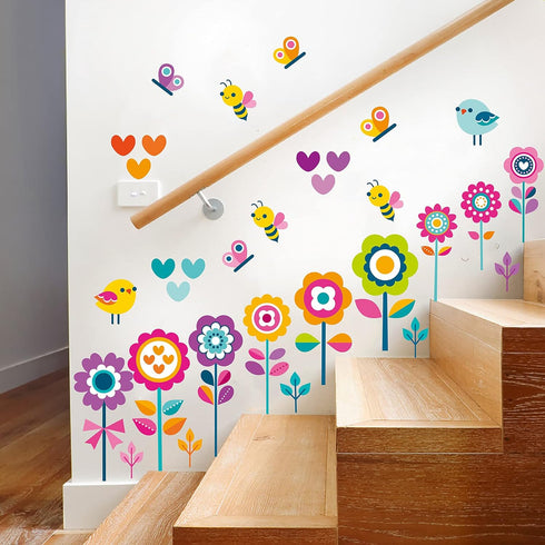 Flowers Wall Stickers for Kids Bedroom - Butterfly Bee Floral Decals for Girls Room, Classroom, Nursery, Playroom -