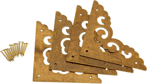 4Pcs 2.5" Brass Flat Corners Bracket, Decorative Furniture Hardware for Box Cabinet, Antique Brass