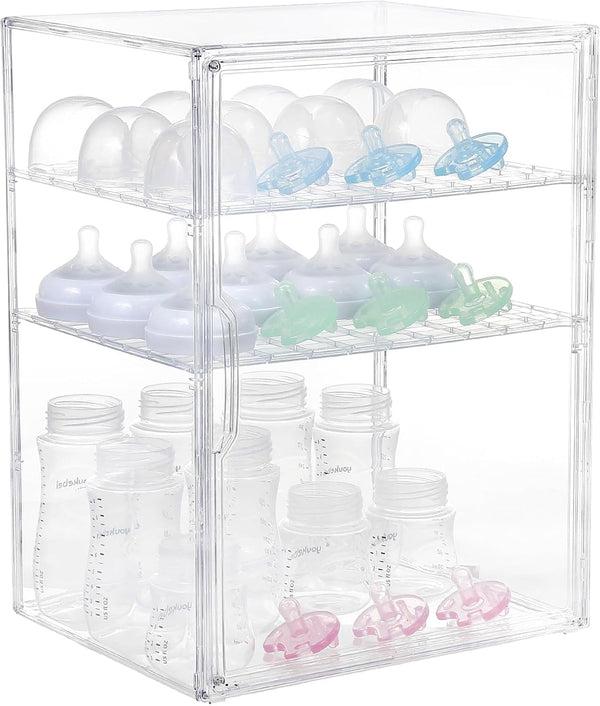 YESGIRL 3-Tier Clear Baby Bottle Organizer, Stackable Acrylic Storage with Drawer for Countertop