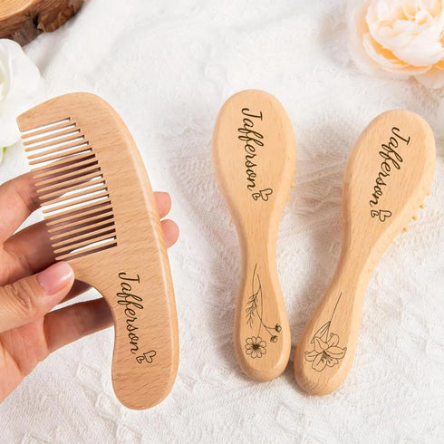 PLOVEGIFT Set, Custom Name/Birth Flower/Animal Pattern Baby Hairbrush And Comb Wooden Goat Bristles Brush For Newborn