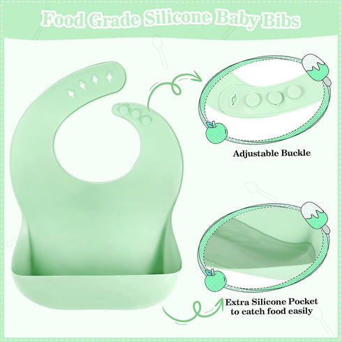 BXLL 10 Set Pcs Green Silicone Baby Feeding - Baby Led Weaning Supplies with Suction Bowl, Divided Plate, Bibs, Fruit
