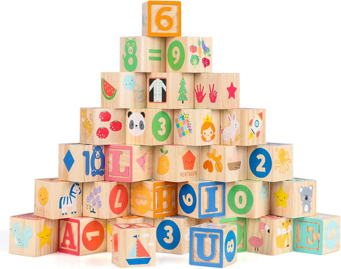 1-3, Set 30 1.65" Joqutoys Wooden Building Blocks for Toddlers Large Wood Baby Stacking Blocks for Kids, PCS Alphabet