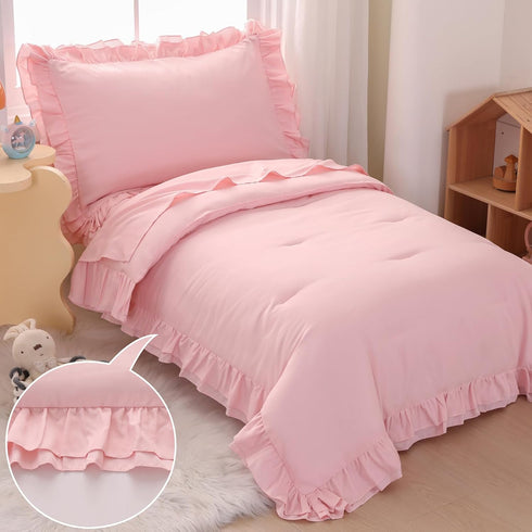 Set 4 Set Wowelife Pink Toddler Bedding for Girls Toddler Bedding Pieces Boho Tufted Comforter with Ruffles Design