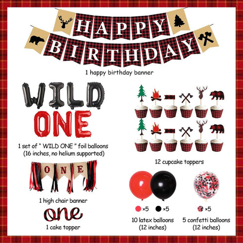 Sursurprise Lumberjack First Birthday Party Decoration, Buffalo Plaid Happy 1st Birthday Banner for Baby Girl Boy