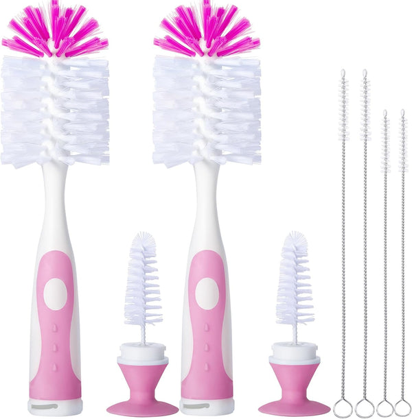 2 Pack Baby Bottle Brush with 4 Pack Straw Brushes, 10.2" Nylon Brush with Nipple Cleaner, Pink