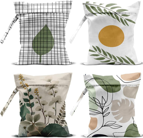 VBCVBGFH 4 Pack Boho Green Abstract Botanical Wet Bag Waterproof Washable Reusable Wet