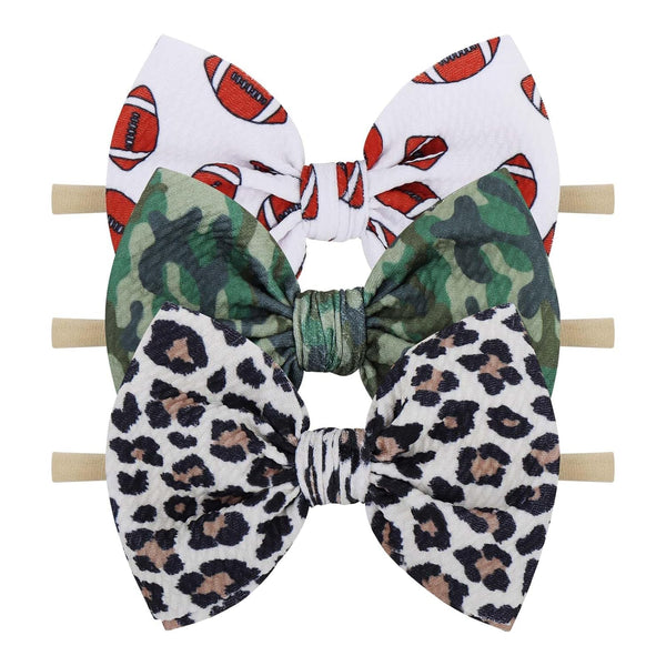 YanJie 3Pcs 4.5" Nylon Hairband for Baby Girls, Newborn Leopard Football Camo Printed Hair Accessories