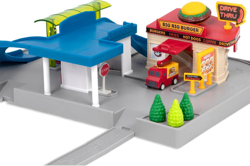 Driven by Battat Gas Station & Drive-Thru Restaurant Playset - 5-Piece Toy Car Accessories for Kids, 3 Years +