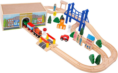 ORBRIUM 52 Pcs Deluxe Wooden Train Set - Wooden Storage Box Tunnel Compatible with Thomas, Brio, Melissa