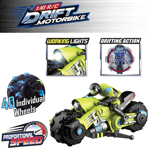 UNIQUE KIDS Remote Control Motorcycles - High-Speed Racing Motorbike with LED Lights, 360° Spinning Action, Green