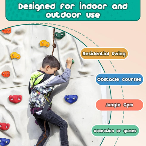 CMOOD Rock Climbing Holds Kit, Indoor Outdoor Playground Wall Climbing Set with 25 Handles, Knotted Rope, and Mounting