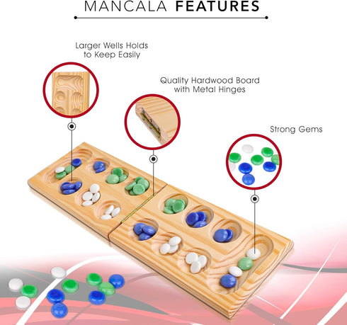 Point Games Solid Pine Mancala - Folding Board Game with Blue, Green, White Marbles- Portable Strategy Travel Game - Recommended Ages 6+