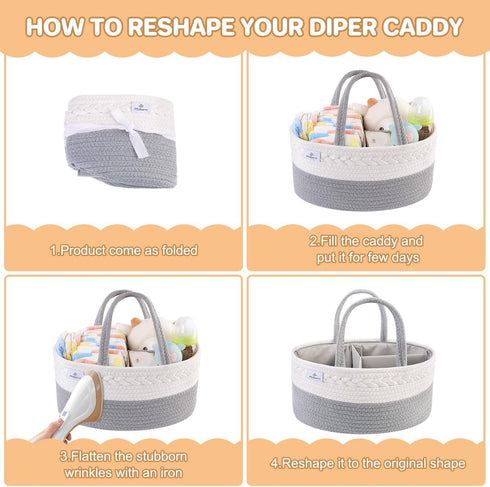 PHILORN Diaper Caddy Organizer, Cotton Rope Diaper Caddy Basket, Woven Diaper Caddy with Dividers, Nursery Storage Basket for Changing Table, Car Diaper Caddy, Baby Shower Gifts by PHILORN