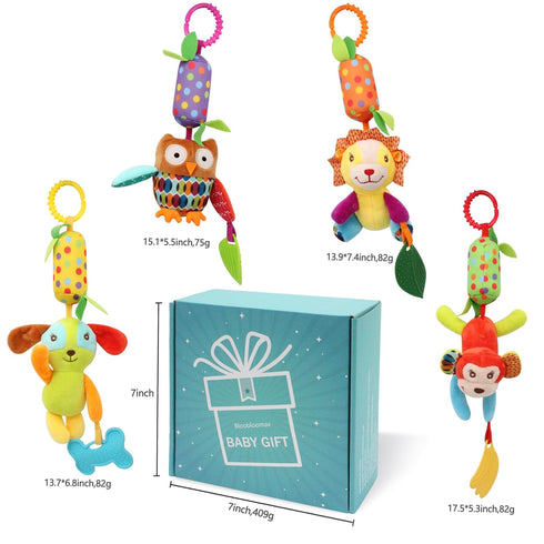 3 6 9 12 (4pcs) Bloobloomax Baby Soft Hanging Rattle, Car Seat Stroller Toys with Plush Animal C-Clip Ring for Infant