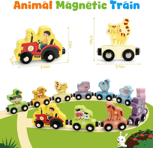 Set 11 TenFans Montessori Toys, Magnetic Wooden Animal Train for Toddlers, Pieces, Educational Preschool Learning Toys