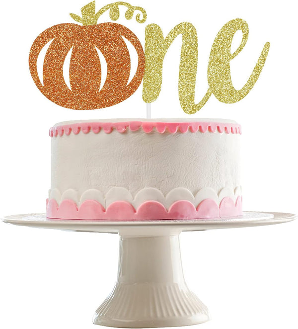 Glitter Pumpkin One Cake Topper - Little Pumpkin 1st Birthday Decorations for Fall