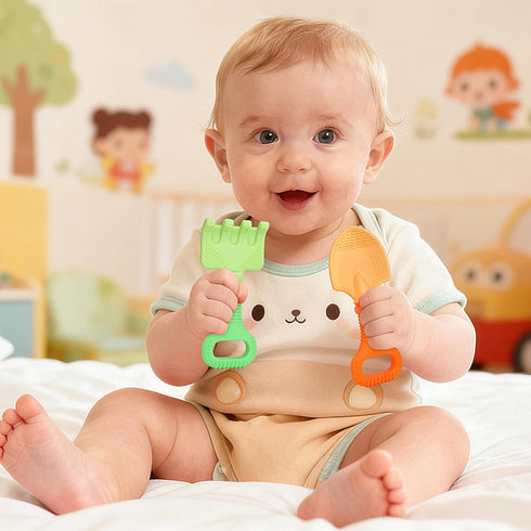 Gaiabliss 0-6 6-12 2 Pack Baby Teething Toys, Baby Garden Teether Toys Shovel & Rake Silicone Teethers for Babies