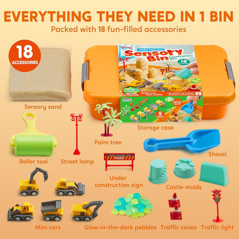 3+ JOVA Klever Kits Construction Sensory Bin for Toddlers with Glow in The Dark Stones, Sandbox with Lid Castle