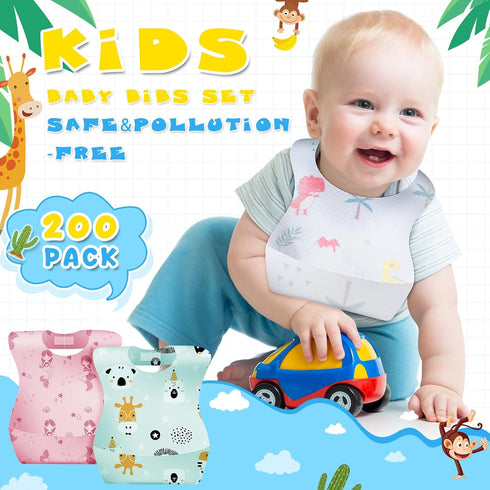 Floraltop 100/200 Pcs Disposable Baby Bibs Bulk Travel Feeding Bib Soft Food Catcher Pocket for Toddlers Girls Boys