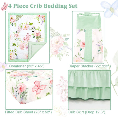 4 Set Set Set Piece Crib Bedding for Girls, Baby Girl Crib Bedding Butterflies Floral Nursery Bedding Includes