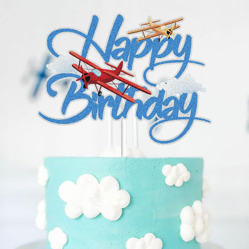 LINGBOOM Airplane Happy Birthday Cake Topper - Aircraft Plane Travel Airman Theme Kids Boys Men Party Supplies