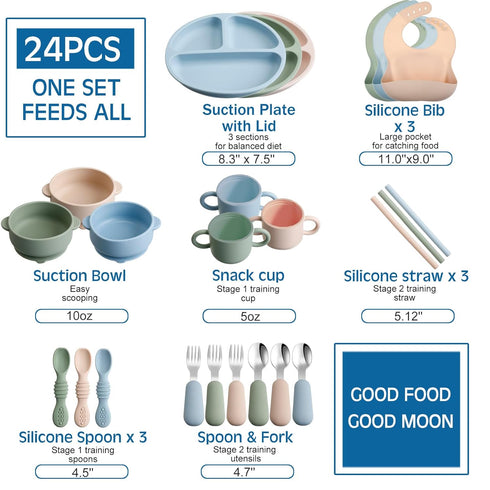 24 Pack Set Silicone Baby Feeding Baby LED Weaning Supplies Includes Suction Divided Plates Soft Bowl Spoons Forks