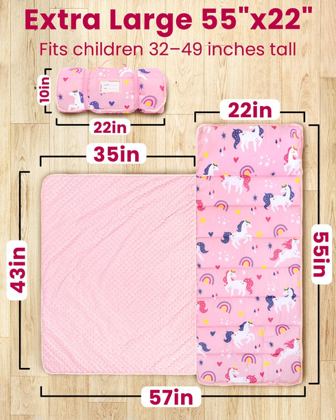 55"x36" Toddler Nap Mat with Pillow and Minky Blanket, Large Sleeping Bag, Washable, Lightweight, Easy to Roll, Perfect