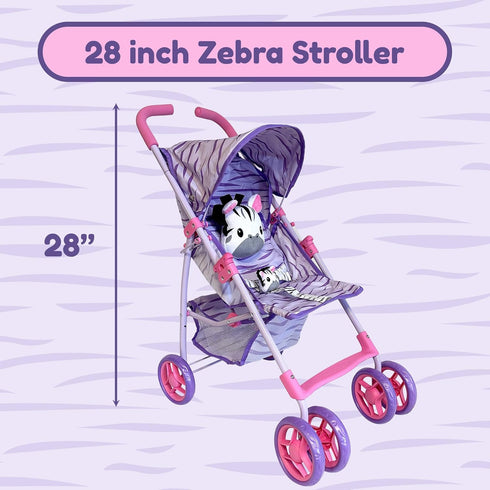 Baby Doll Stroller for Toddlers 1-3, Pink & Purple Folding Baby Toy Stroller for Dolls, Pillow Animal Toy