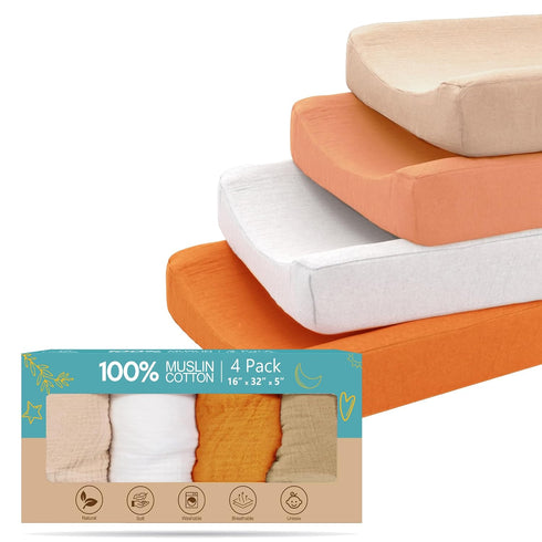 100% Muslin Changing Pad Cover Pack of 4 - 32x16 Ultra Soft Baby Changing Pad Covers for Girls and Boys - Easy Wash