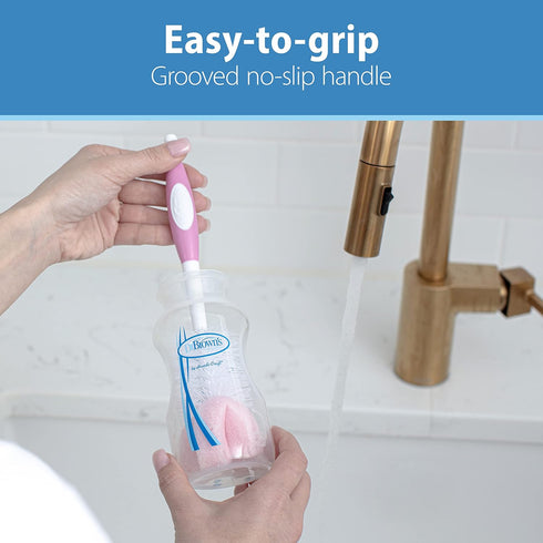 1-Pack Dr. Brown's Reusable Sponge Baby Bottle Cleaning Brush with Suction Cup Stand, Scrubber and Nipple Cleaner, Pink