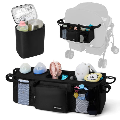 VMEECARL 2 GT2 Double Stroller Organizer Universal with Insulated Cup Holders & Cooler Bag, Large Storage Parent