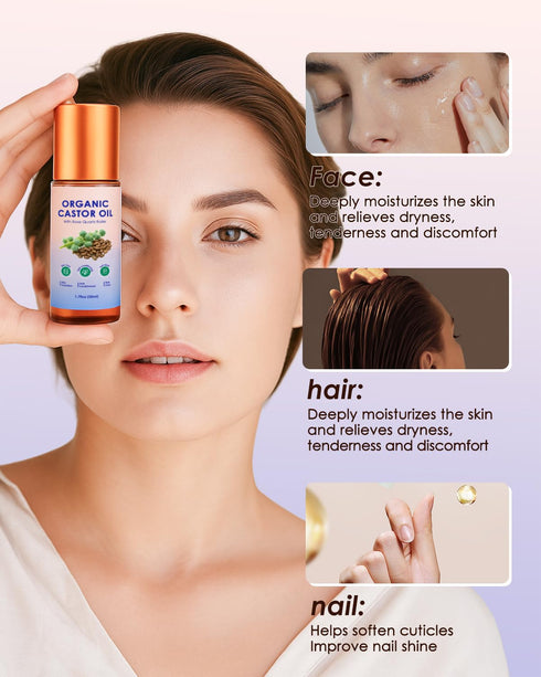 XPDGVS 2PCS 100% 50ml*2 Organic Castor Oil Roll On - Pure Cold-Pressed, Hair, Face & Skin Moisturizing, Reducing Dark