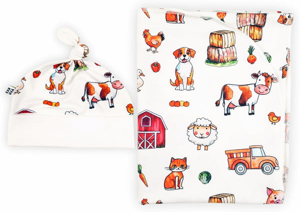 Farm Swaddle Blanket and Hat Set Newborn 0-3 Month Wrap Baby Receiving