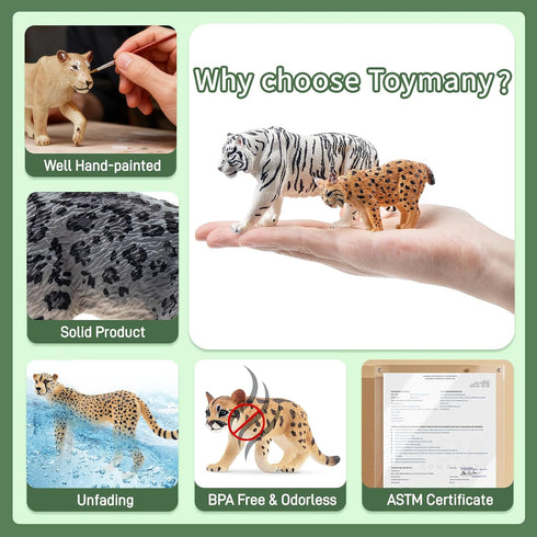 12PCS Set Toymany Big Cat Wild Animal Figurines, Realistic Safari Animals Includes
