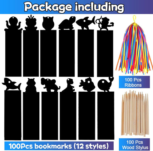 100Pcs Scratch Art Bookmarks Making Kit | DIY Animal Bookmarks with Ribbons and Wood Stylus for Classroom Activities