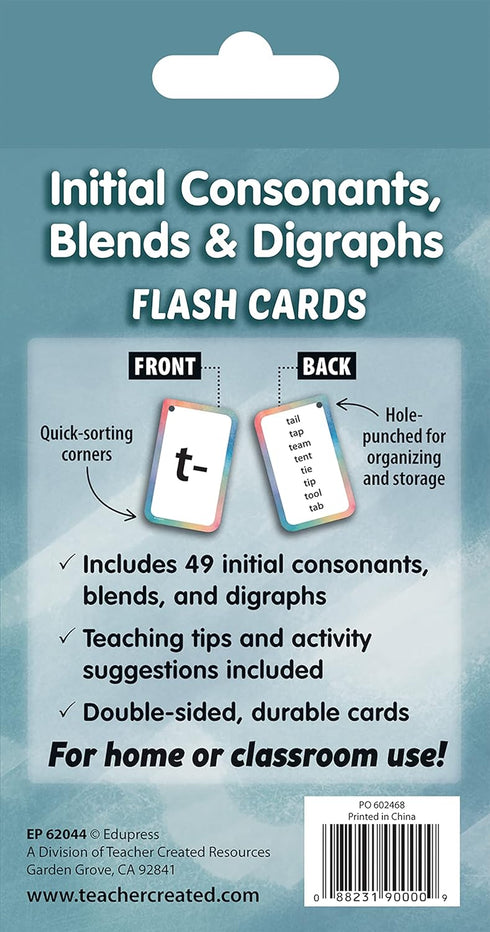 Teacher Created Resources Initial Consonants, Blends & Digraphs Flash Cards (EP62044) 3-1/8" x 5-1/8"