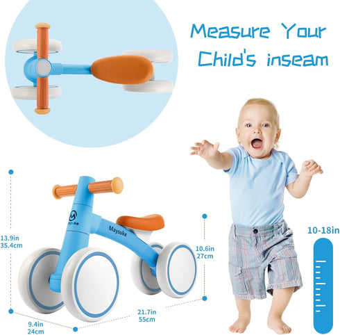 Baby Balance Bike Toys for 1 Year Old, Toddler Bike with 4 Wheels, No Pedal, Blue