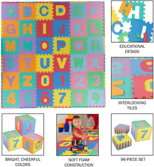 96-Piece Kids' Foam Floor Alphabet and Numbers Puzzle Play Mat for Babies and Toddlers - Interlocking Tile Game by