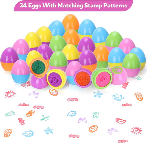 24 Pack Prefilled Easter Eggs With Toys, Stamps with Easter Tattoos Easter Basket Egg Hunt Stuffers, Pre Filled Easter