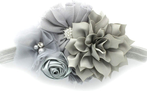 My Lello Shabby Fabric Flower Cluster Headband - Infant, Toddler, Girl - Stretchy Elastic Gray
