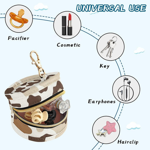 YETTASBIN Beige Brown Cow Print Portable Pacifier Holder Case with Metal Hook Buckle & Zipper for Diaper Bag