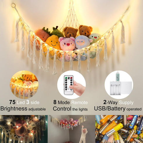 Hammock 75LEDs, 55in Hammock, Hammock Stuffed Animal with Extra Large Toy Storage Macrame Hanging Toy Net for Kids