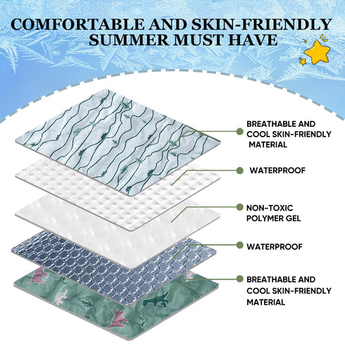 Miracle Baby Gel Car Seat Cooler Pad, Double Sides Stroller Ice Cushion, Summer Cooling Liner, Dinosaur + Lines