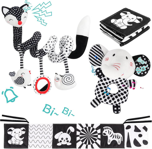 3 Pcs Car Seat Toys for Babies 0-6 Months, Black and White Hanging Rattle Toys for Crib Mobile, Infant Sensory