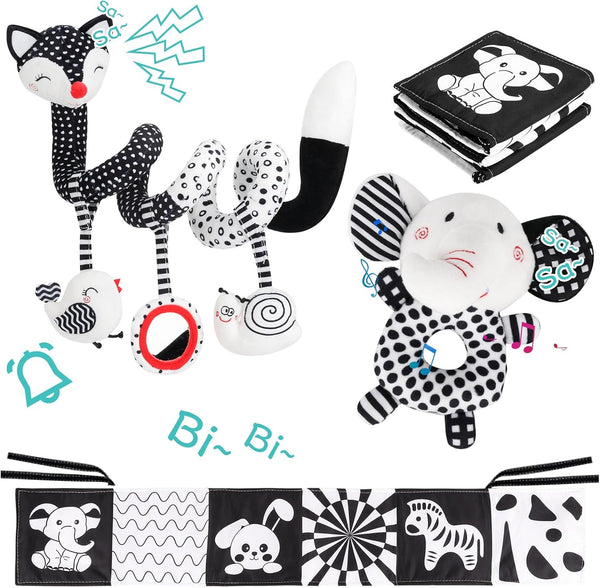 3 Pcs Car Seat Toys for Babies 0-6 Months, Black and White Hanging Rattle Toys for Crib Mobile, Infant Sensory